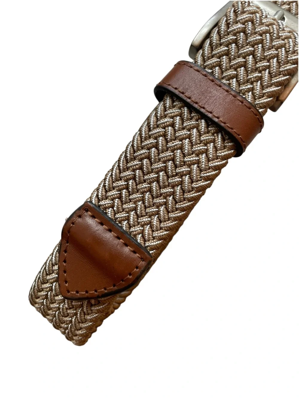 Tommy Bahama Mens Stretch 2-Tone Web Braid Belt Khaki Leather Trim Sz L 38-40  A